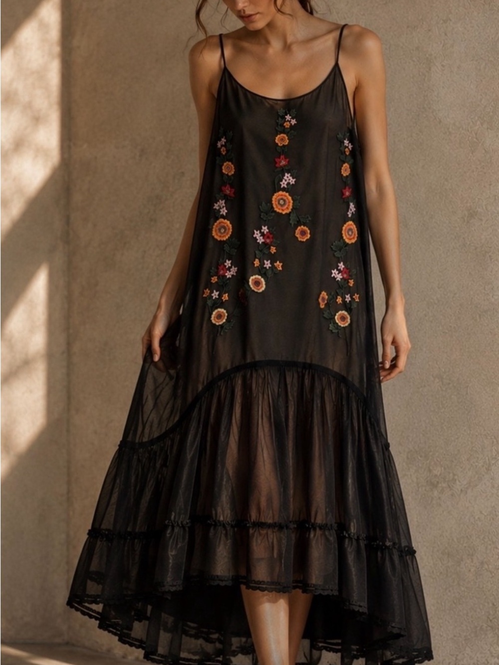 Black Embroidered Floral Maxi Slip Dress